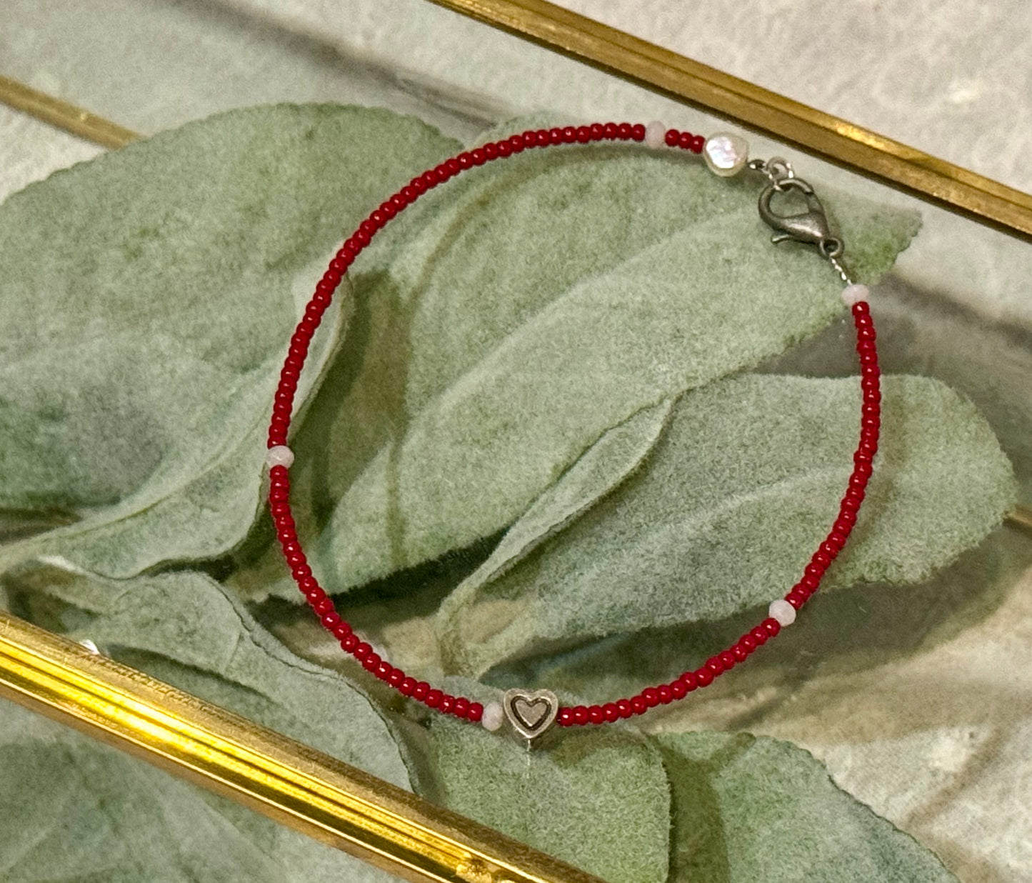 Blossom Designs Red Seed Bead, Crystal, and Heart Beaded Bracelet