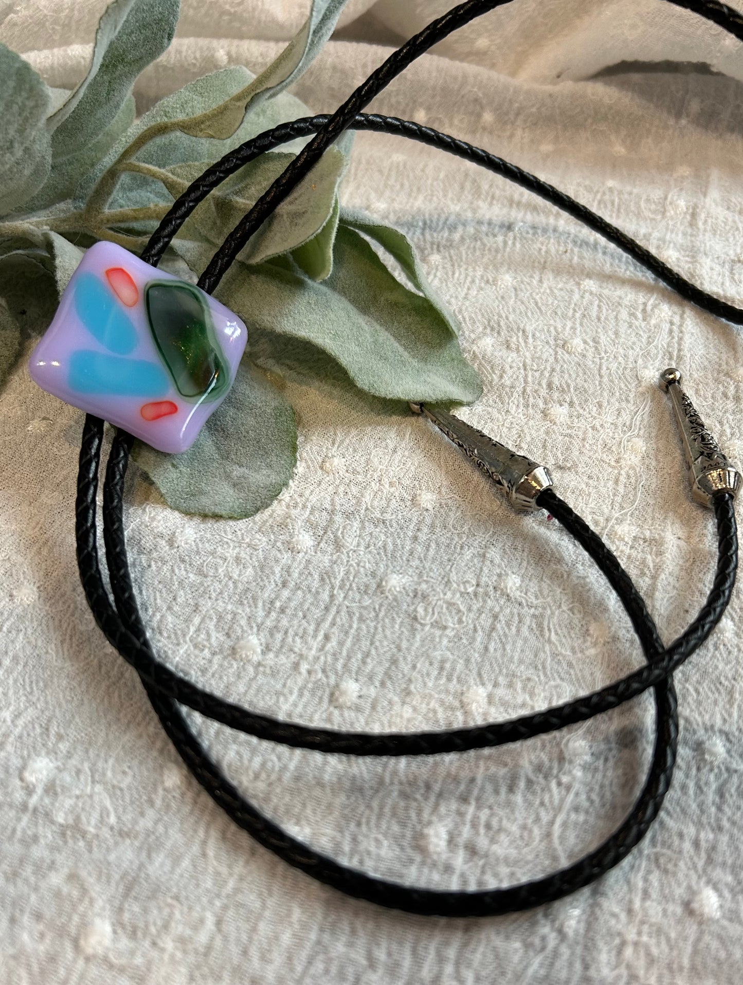 Beedle Button Stitch- Bolo Tie- Fused Glass