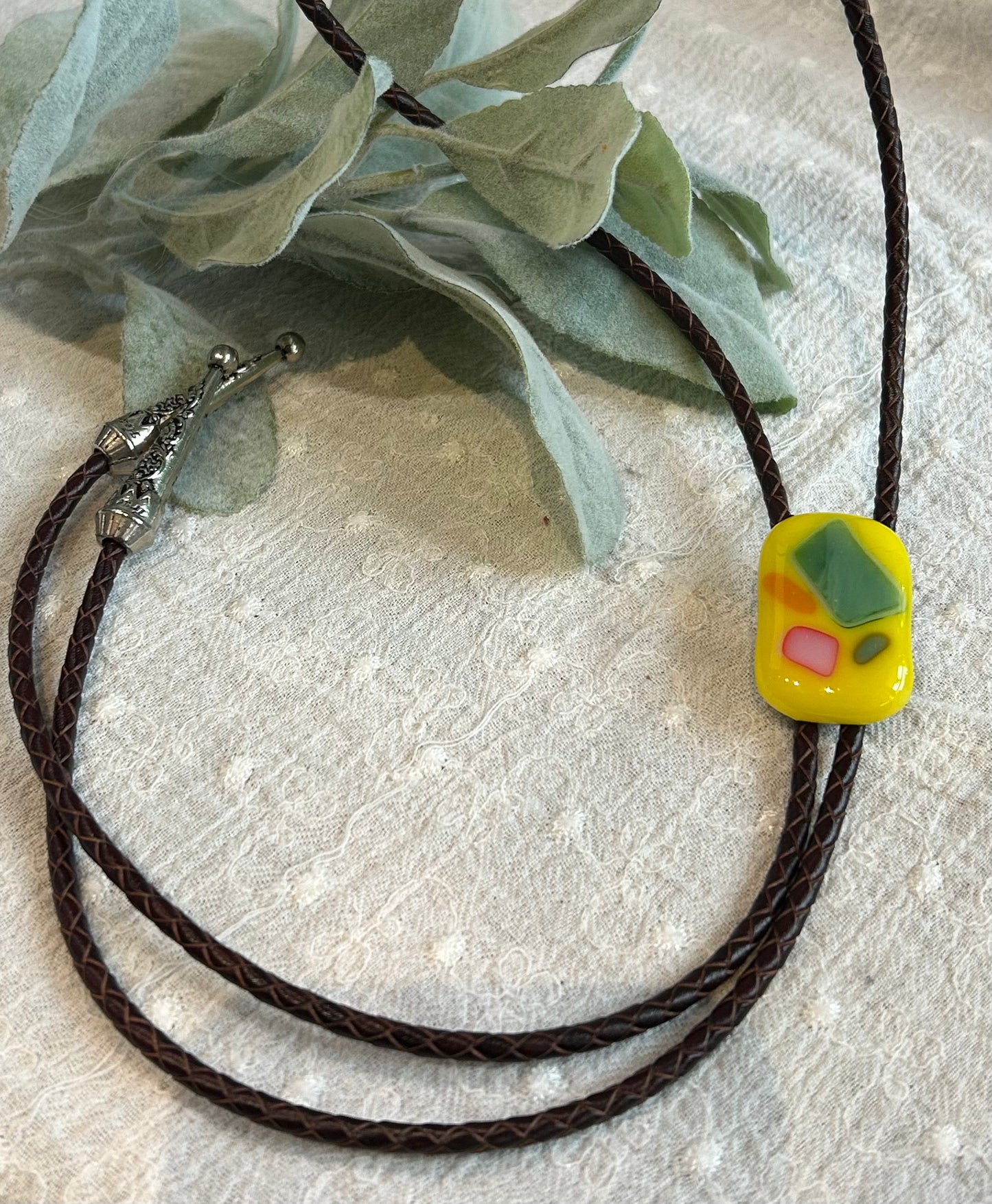 Beedle Button Stitch- Bolo Tie- Fused Glass