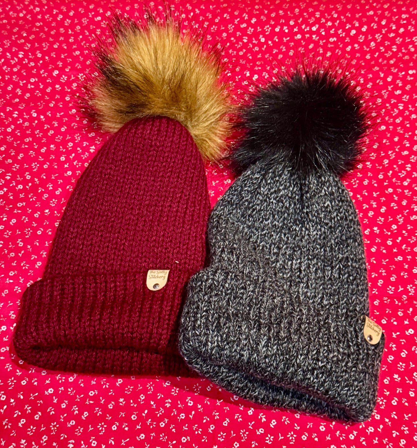 The Salty Stitchery- Beanie with Faux Fur Pom Pom