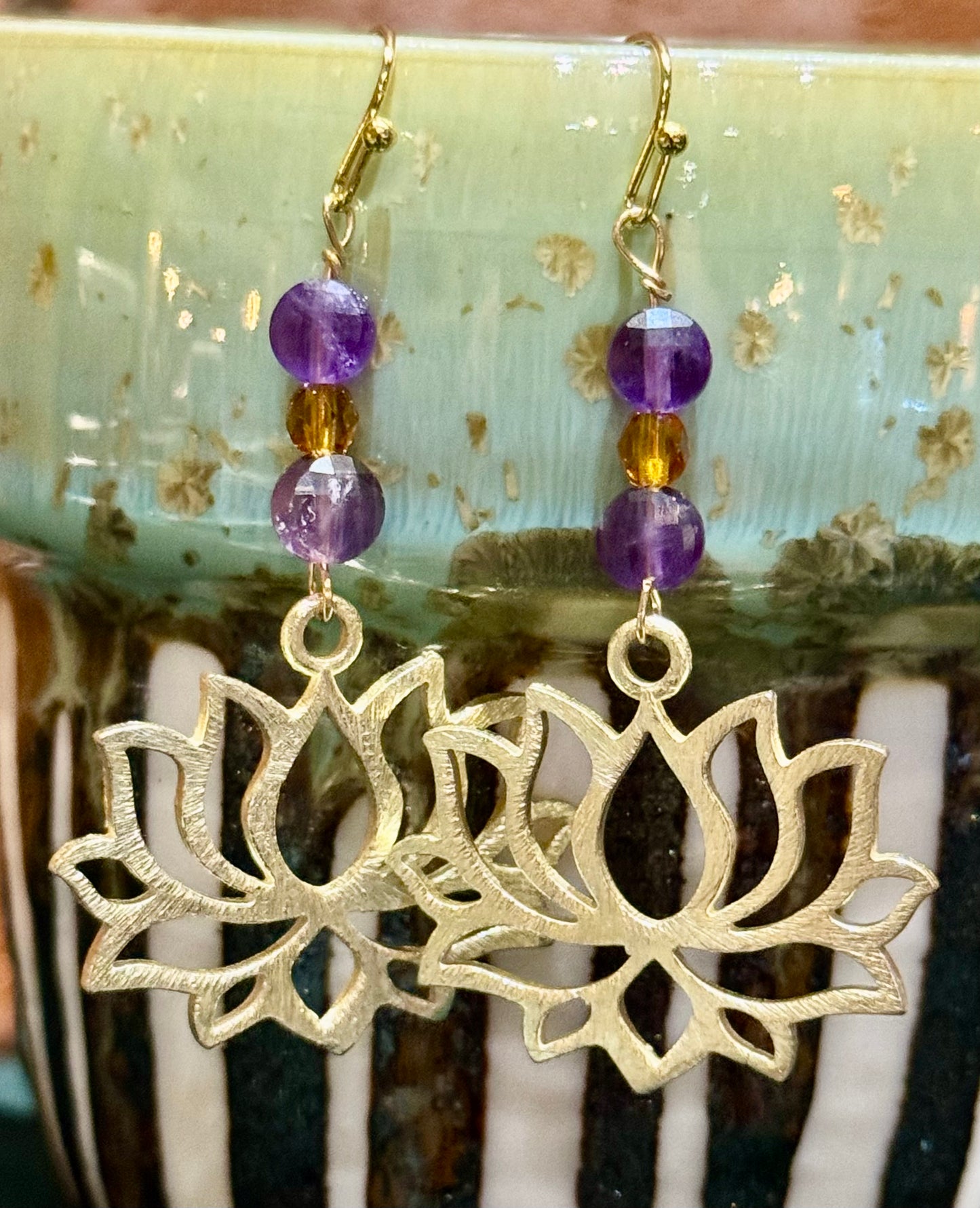 Blossom Designs Amethyst & Amber, Lotus Flower Earrings