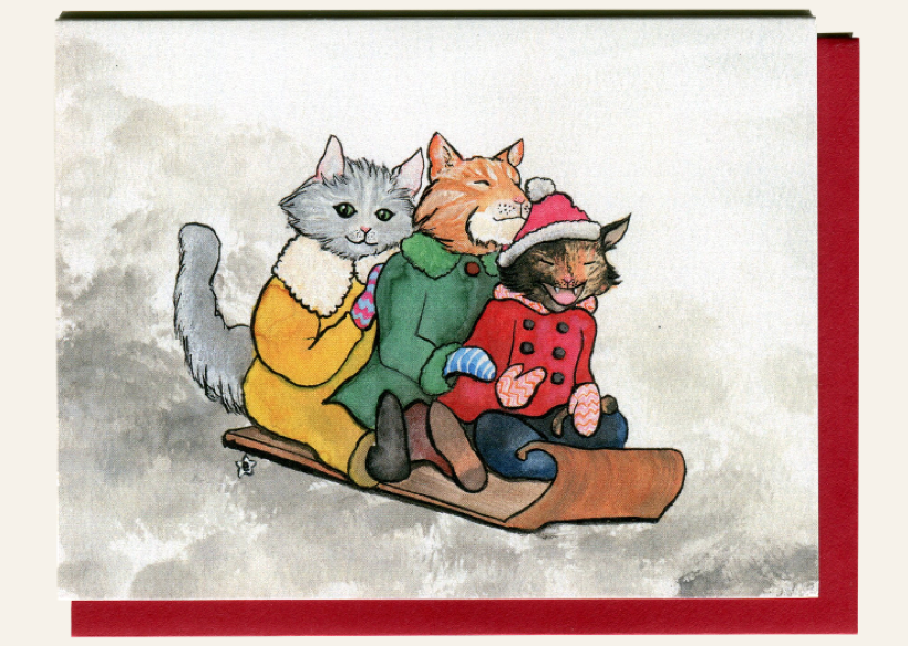 Darling Illustrations- Happy Holidays Sledding Cats Card