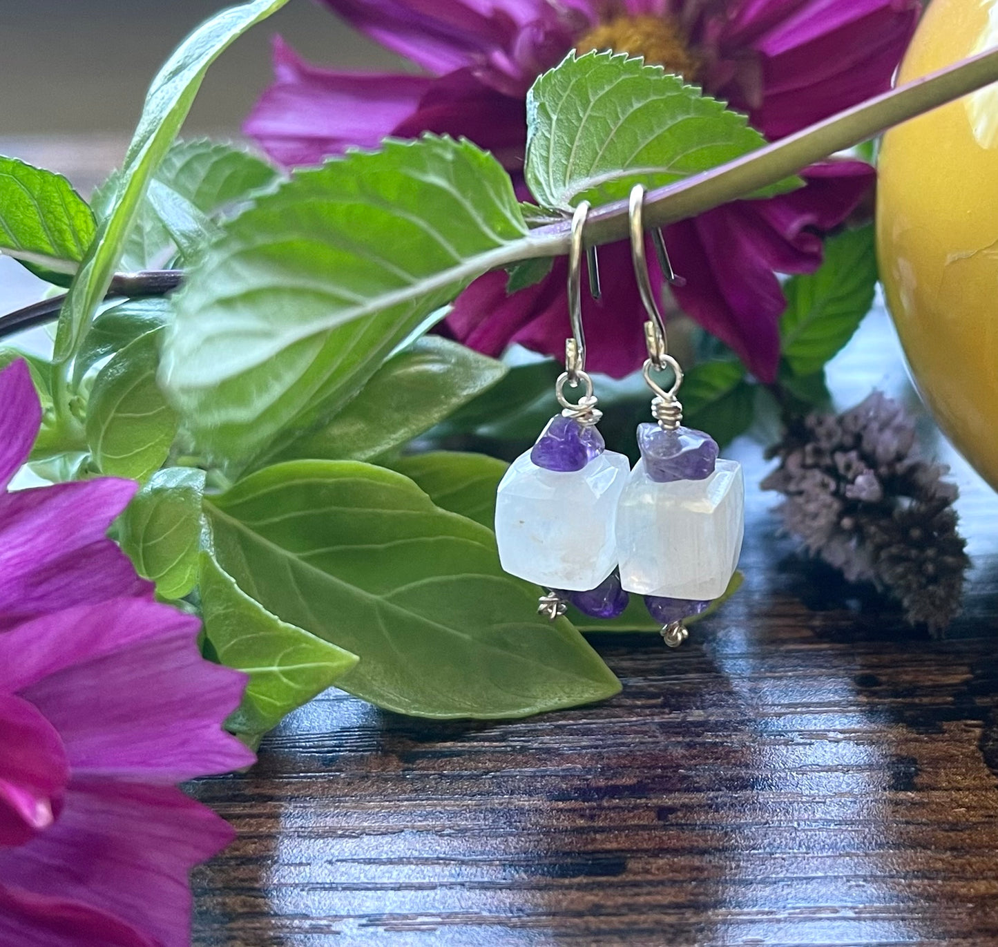 Moonstone Cube with Amethyst Chip Dangle Earrings