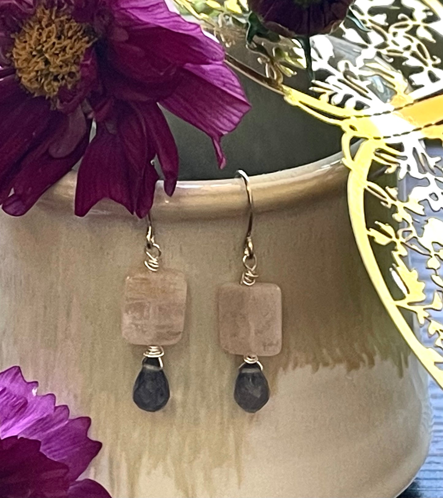 Rectangle Rose Quartz and Iolite Dangle Earrings