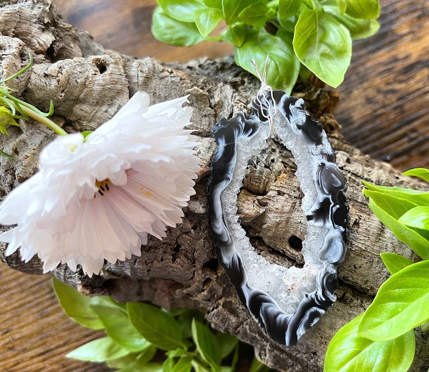 Wire Wrapped Black and White Geode Necklace