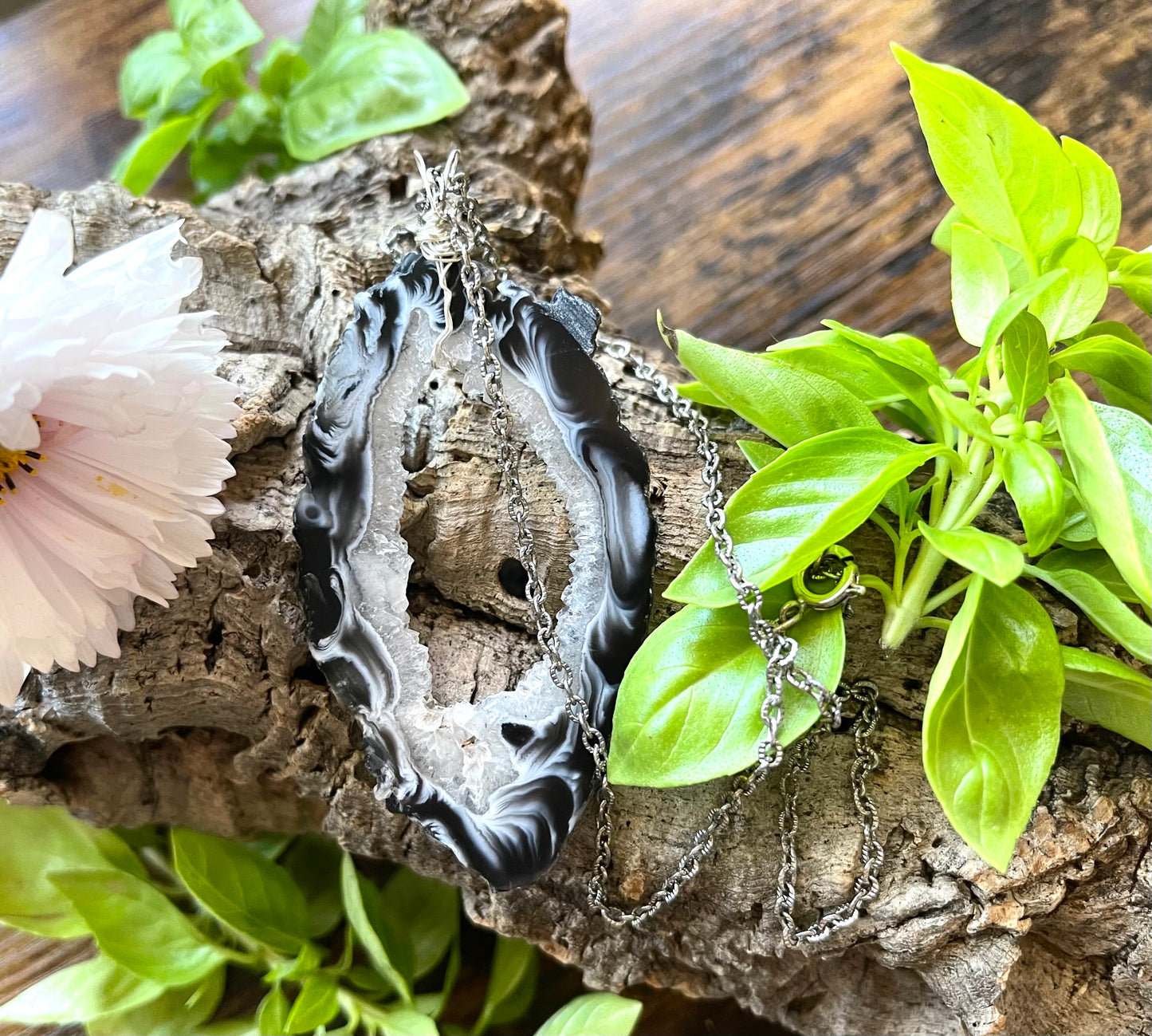 Wire Wrapped Black and White Geode Necklace