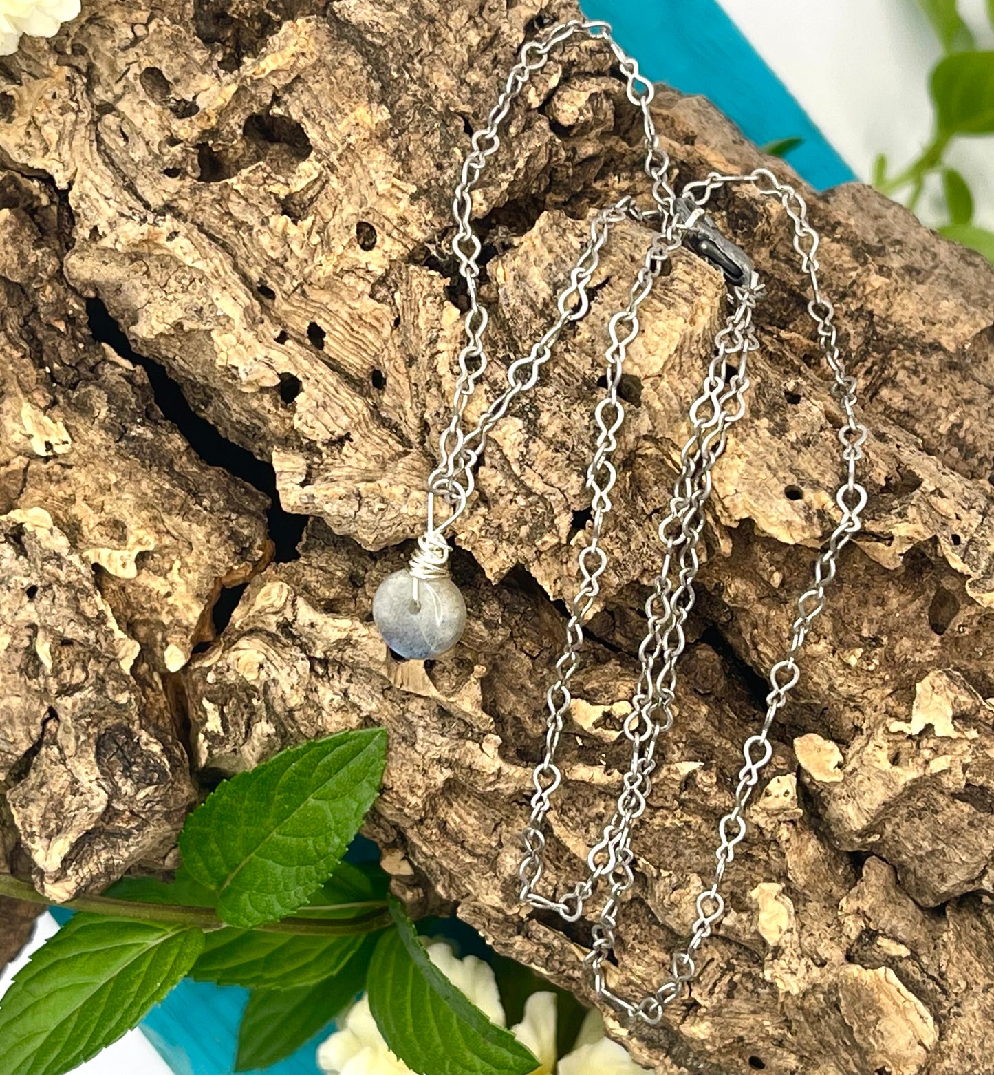Blossom Designs Sterling Silver Necklace with Wire Wrapped Labradorite Pendant
