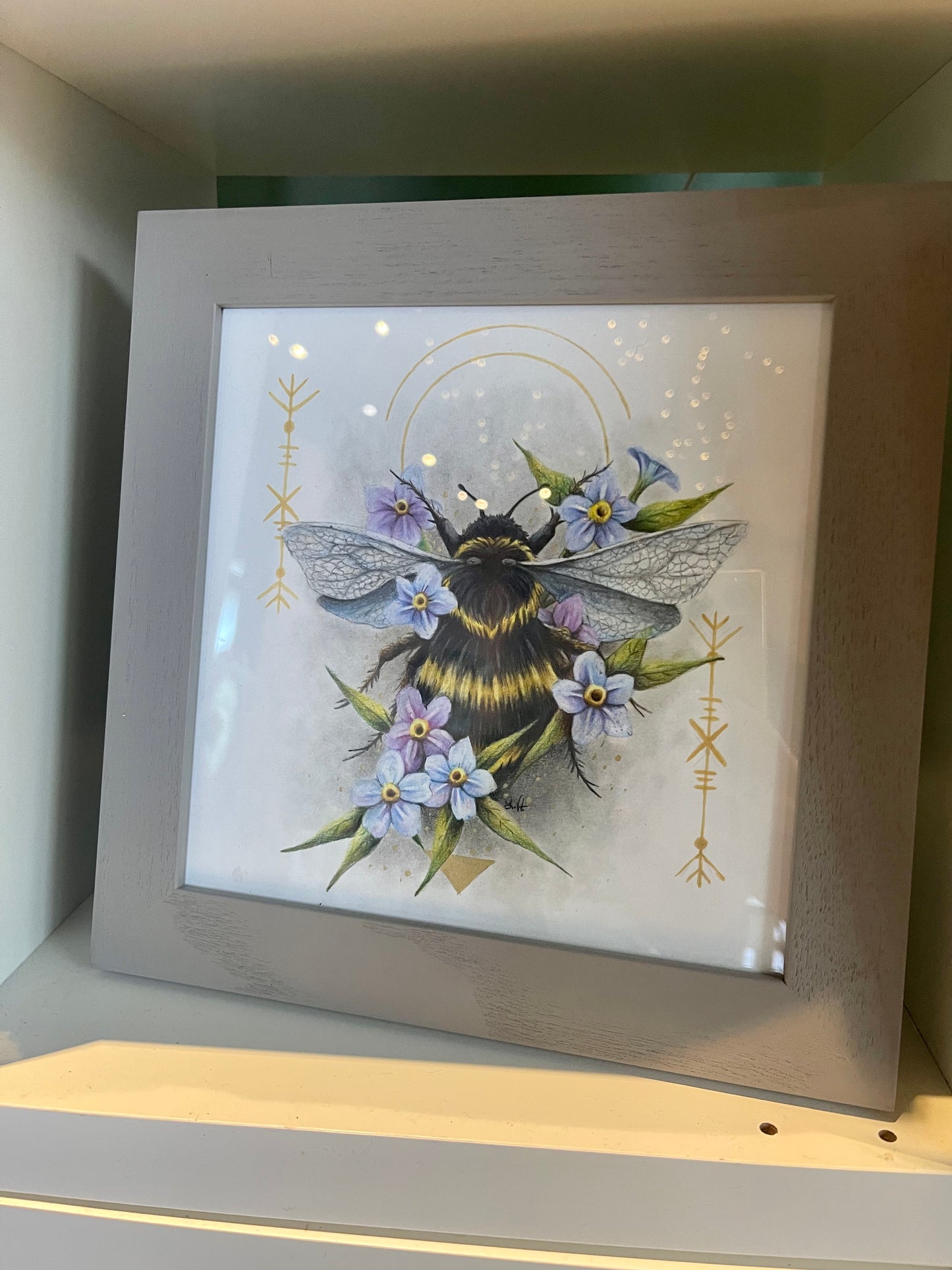 Native Fauna Art- Framed Original Bumblebee and Forget Me Not