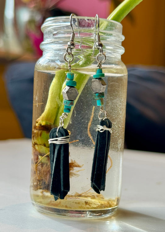 Blossom Designs Antique Silver, Turquoise, and Black Leather  Tassels Dangle Earrings