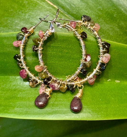 Blossom Watermelon Tourmaline and Ruby Wrapped Hoops