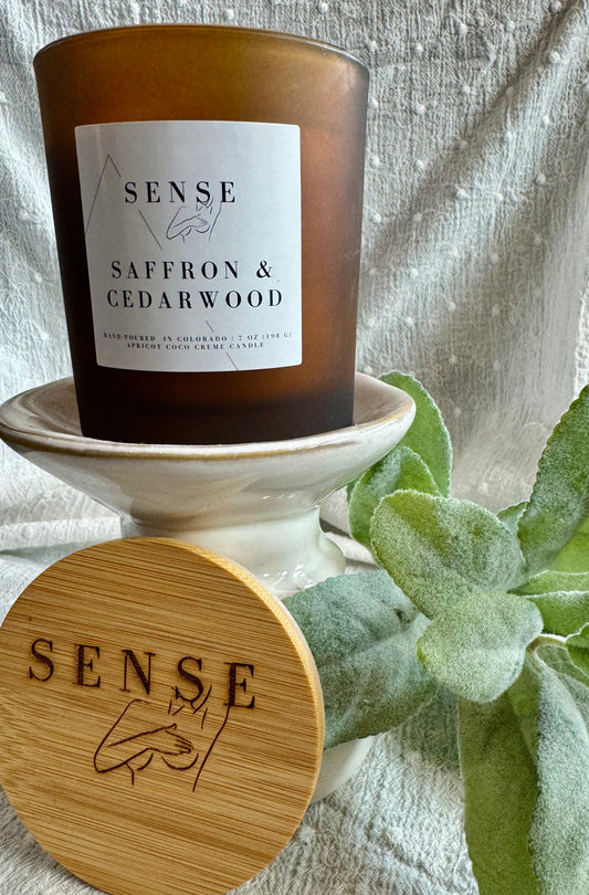 Sense by Cin- Jarred Wooden Wick Candles- Saffron & Cedarwood