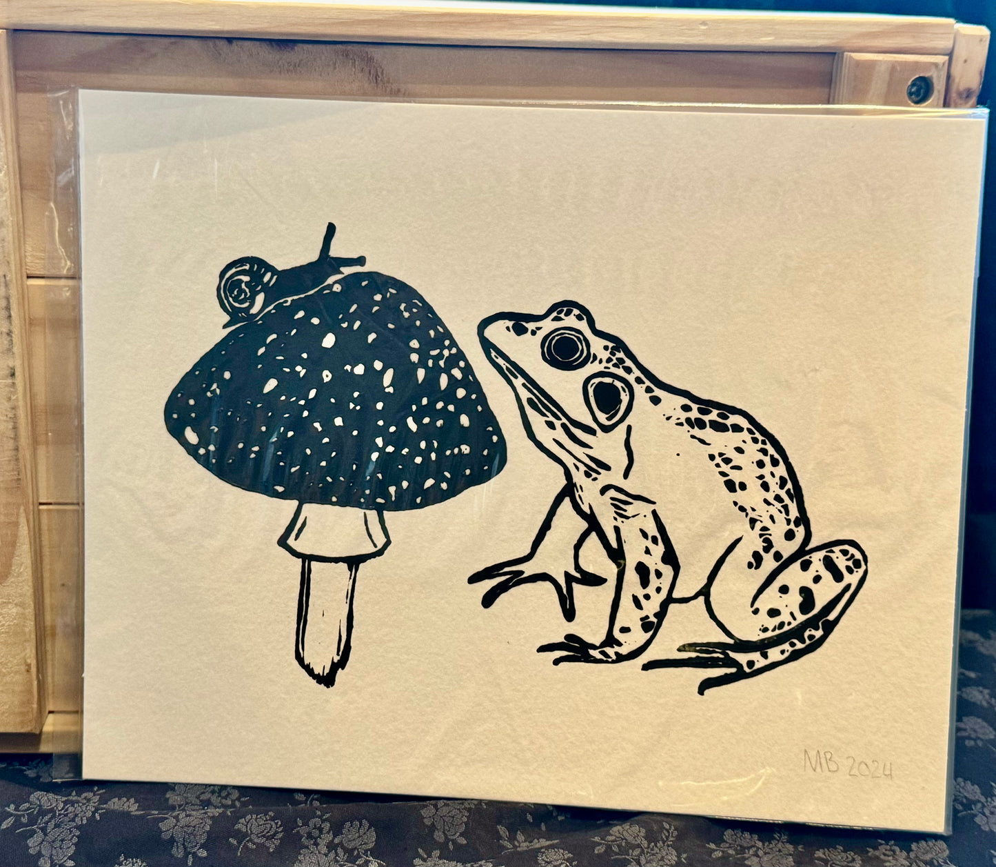 Andromeda Sock Yarn Art- Frog, Snail, and Mushroom Linocut Art 8"x10"