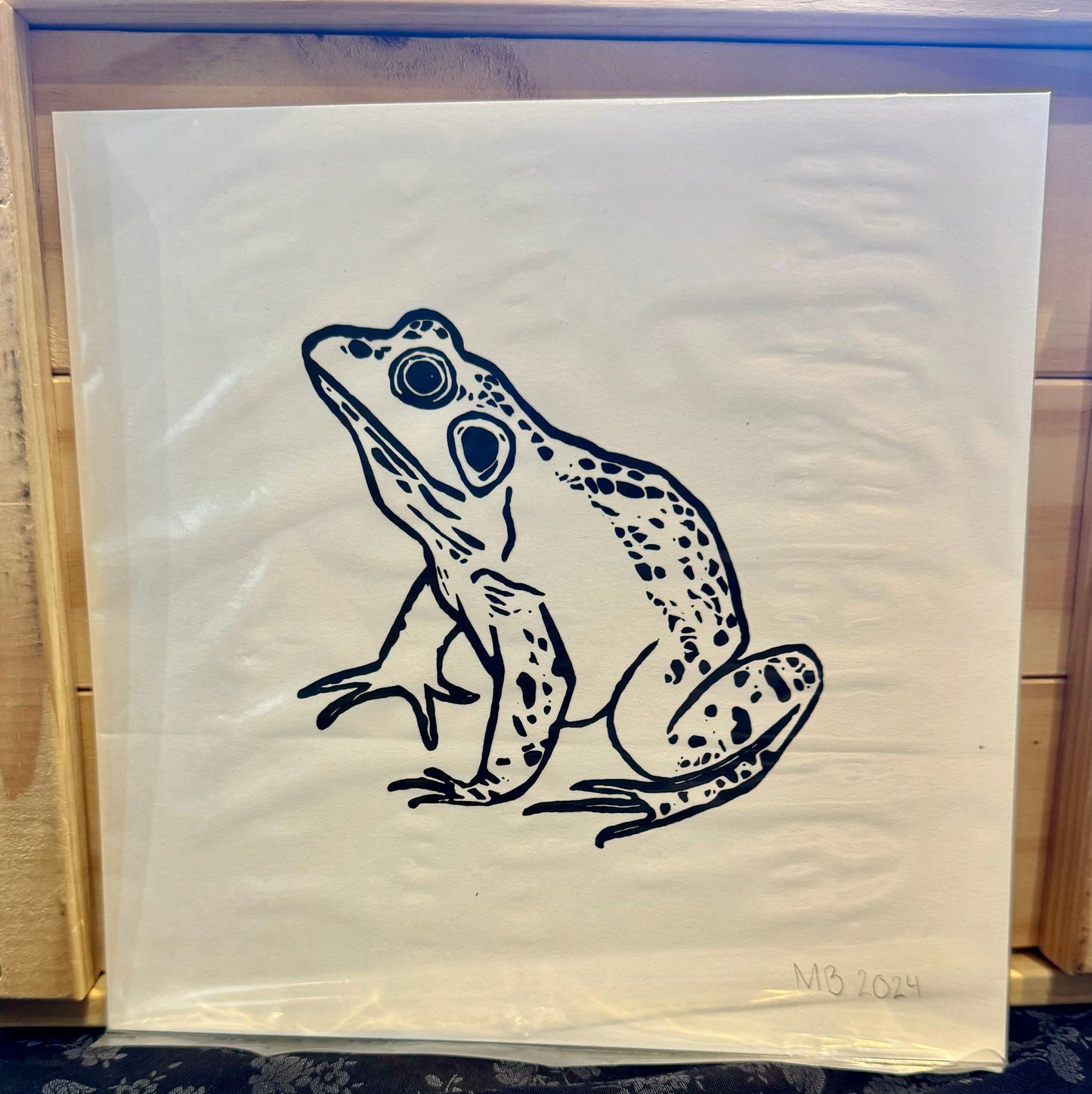 Andromeda Sock Yarn Art- Linocut Frog 8"x8"