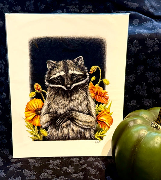 Native Fauna Art- 8"x10" Raccoon with Poppies Print