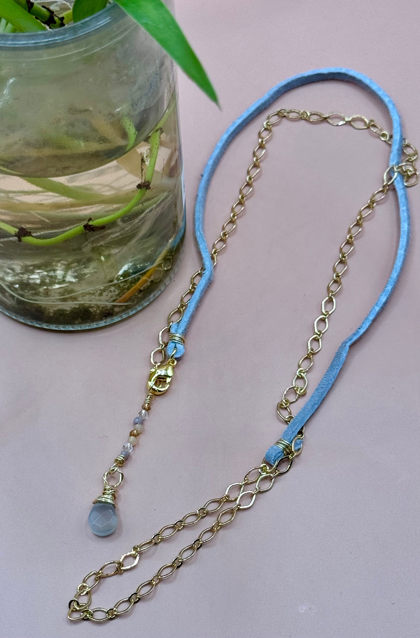 Blossom Designs Grey Moonstone, Crystal, & Leather Necklace