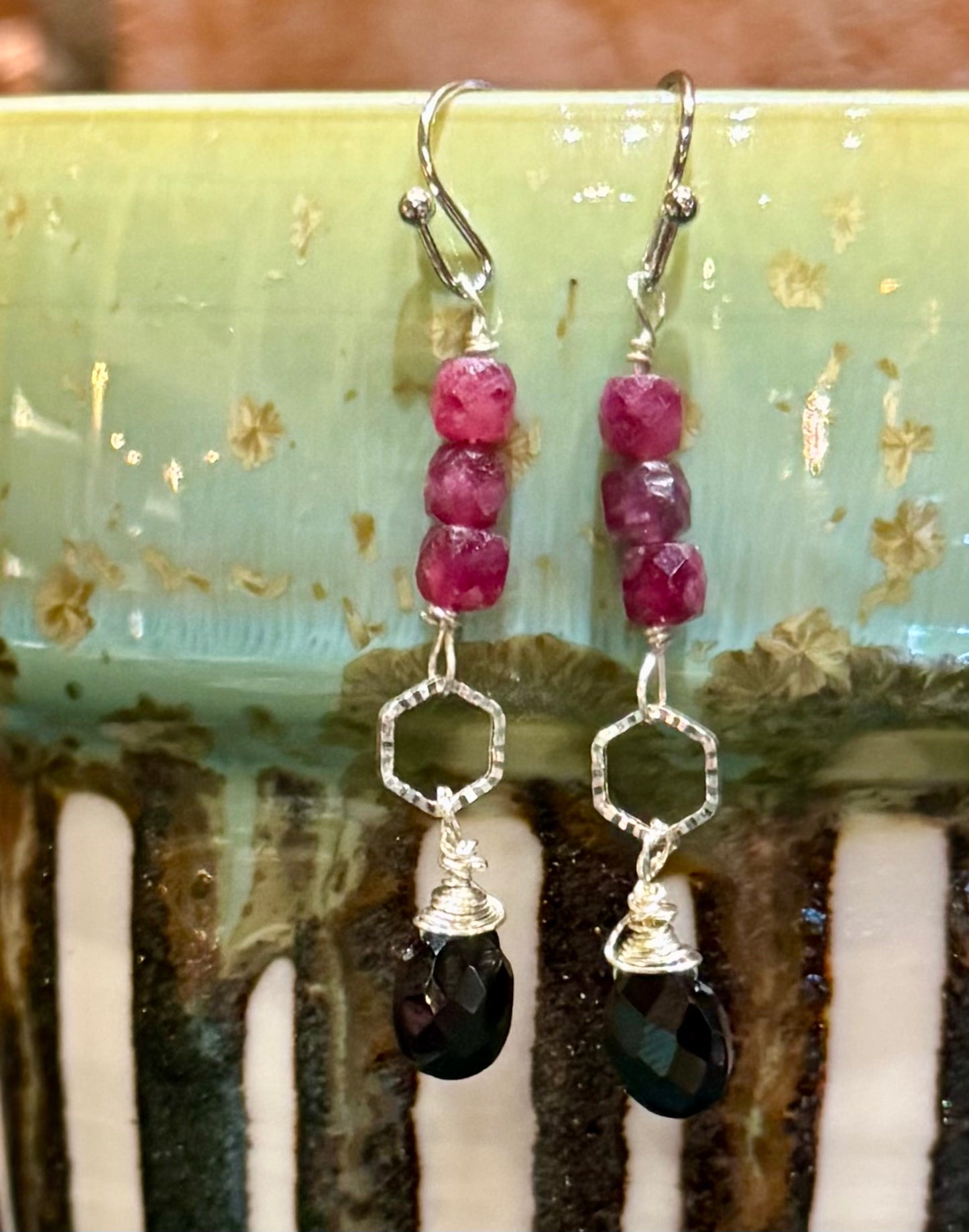 Blossom Designs- Garnet & Black Spinel Dangle Earrings