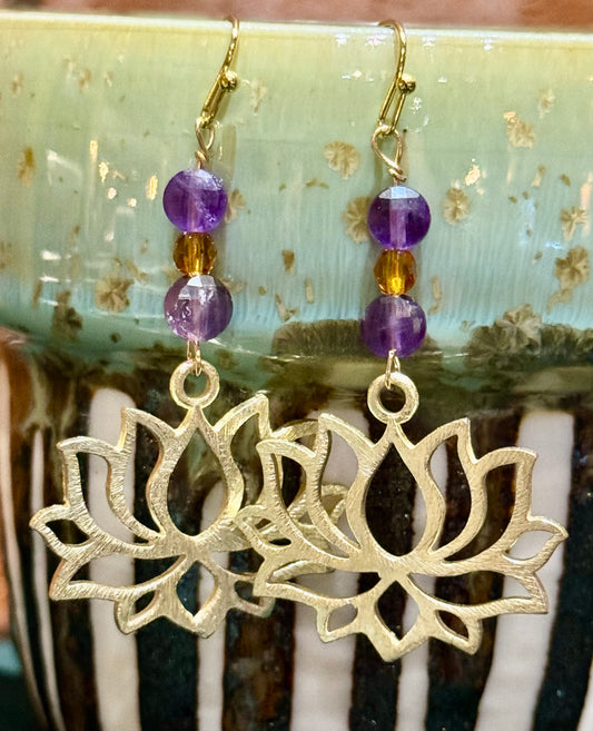 Blossom Designs Amethyst & Amber, Lotus Flower Earrings
