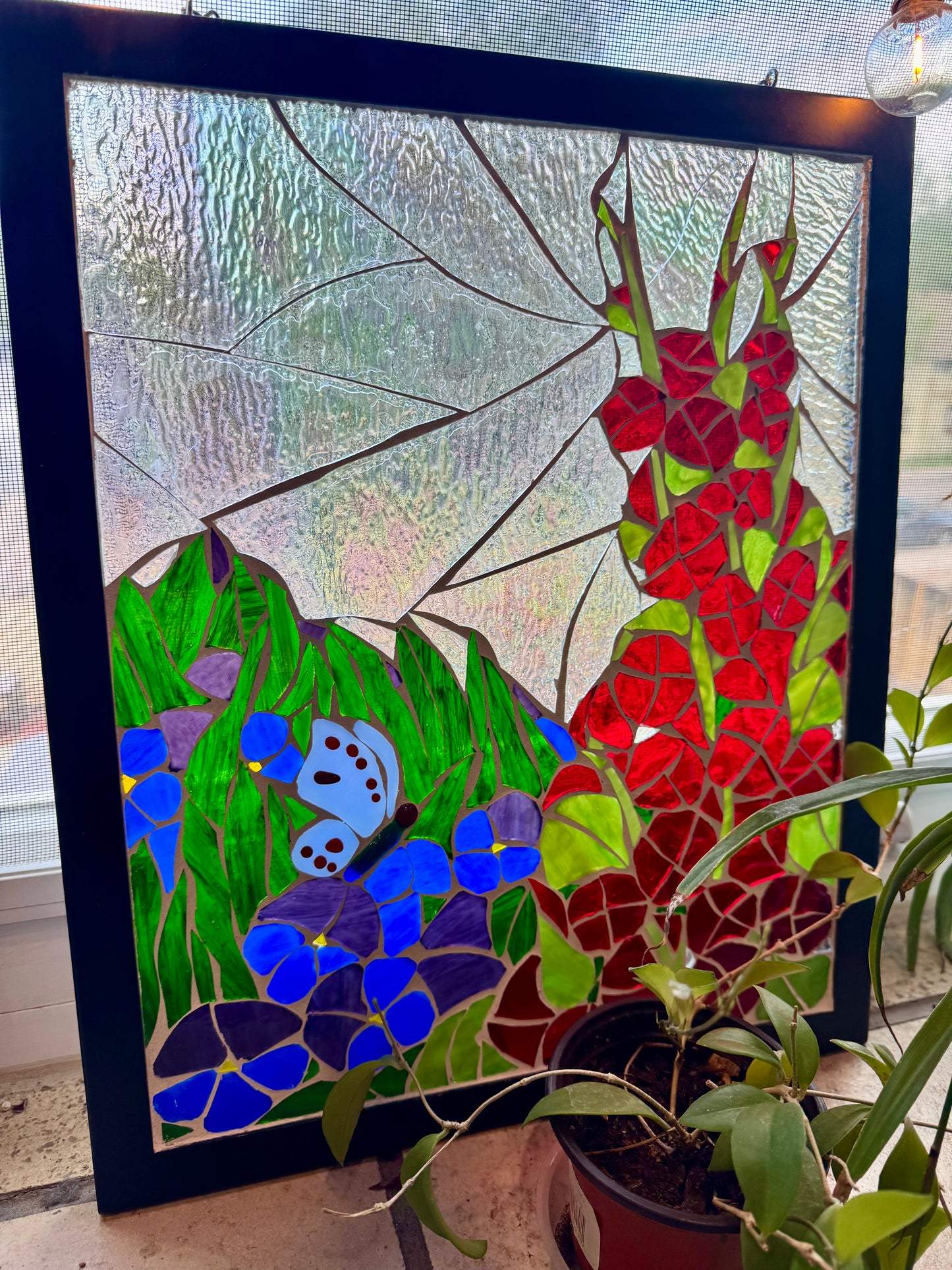 Carol Foster- Blue & Red Flowers & Bugs Stained Glass