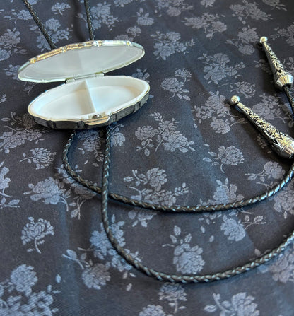 Beedle Button Stitch- Bolo Tie- Vintage Pill Box