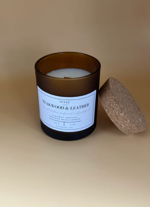 Sense by Cin- Jarred Wooden Wick Candles- Teakwood & Leather