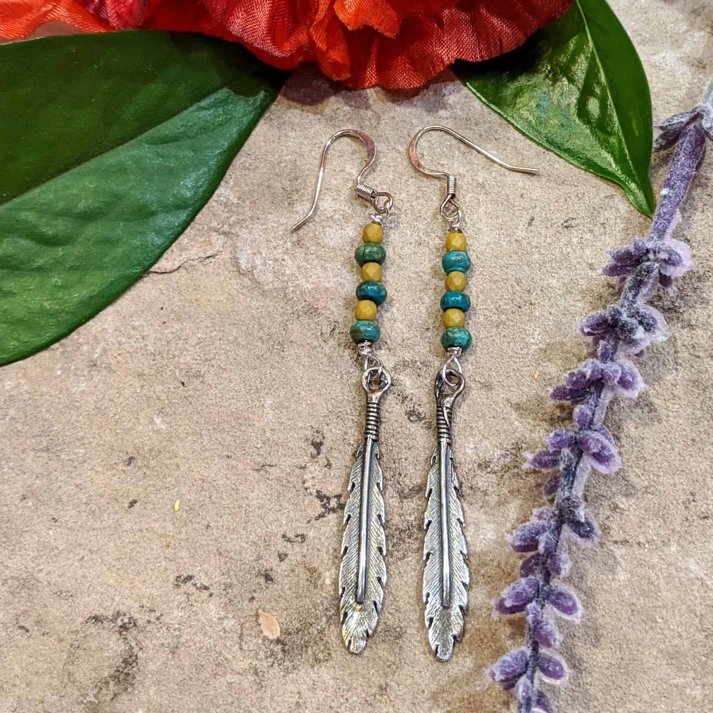 Turquoise and Beaded Dangle Feather Earrings