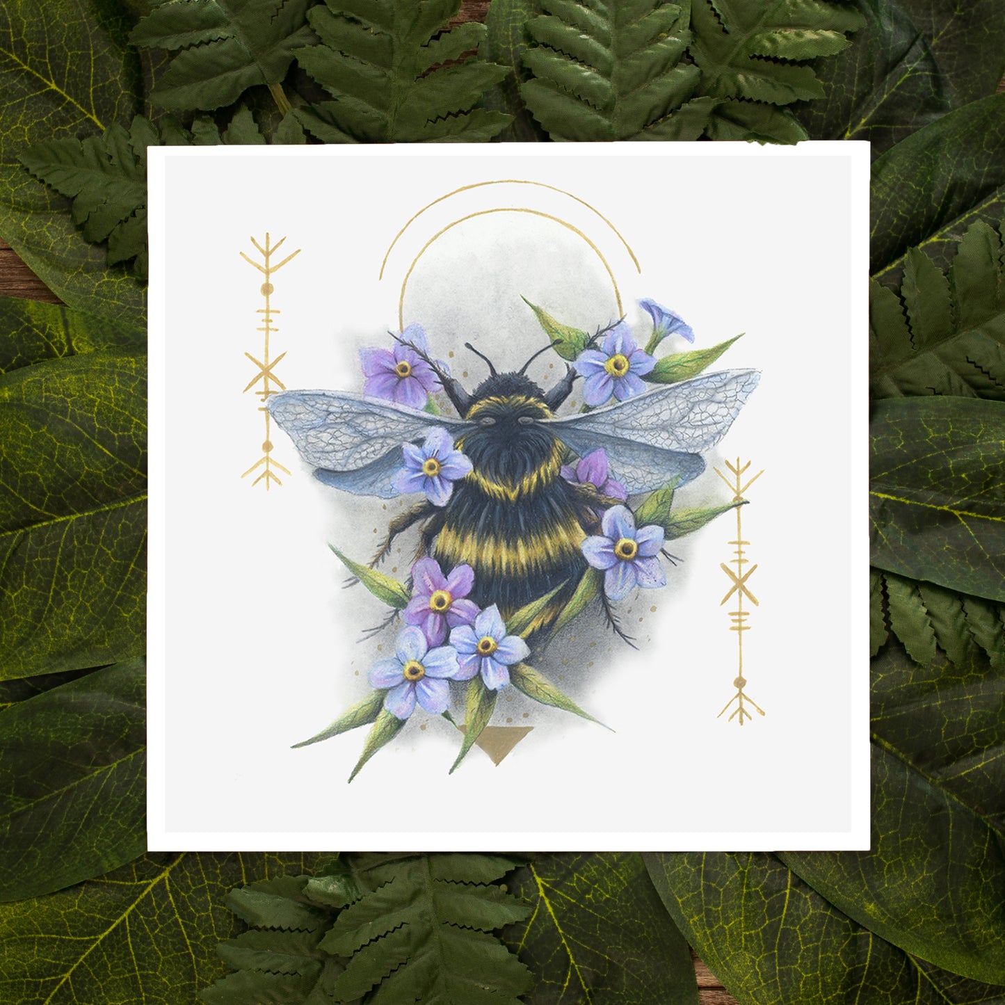 Native Fauna Art- 5"x5" Bumblebee & Forget Me Not Print