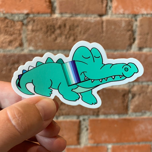 Crochet in the Mud- Crocodile Sticker w/ Gay Men Flag
