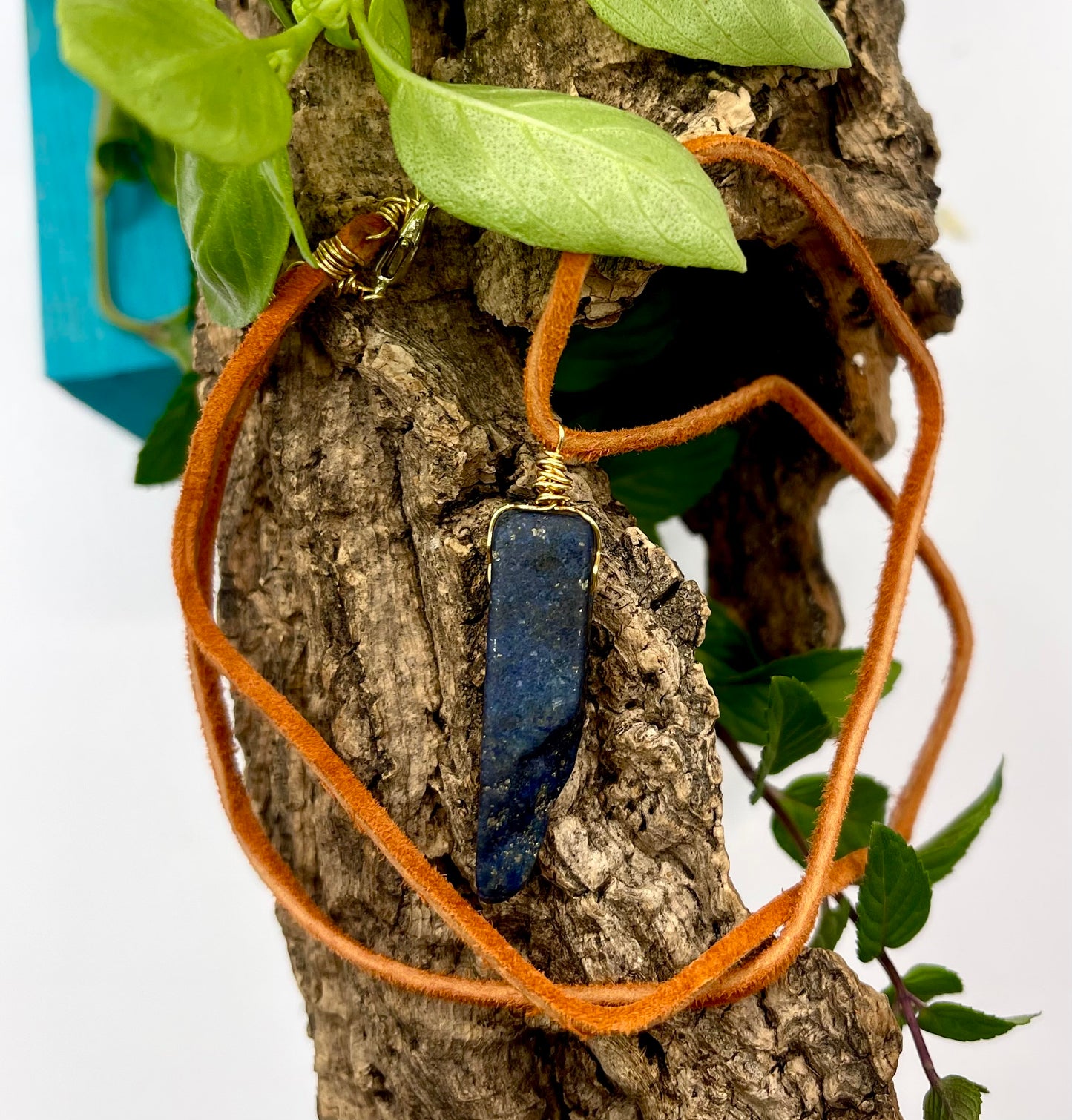 Blossom Designs Leather Necklace with Wire Wrapped Lapis Pendant