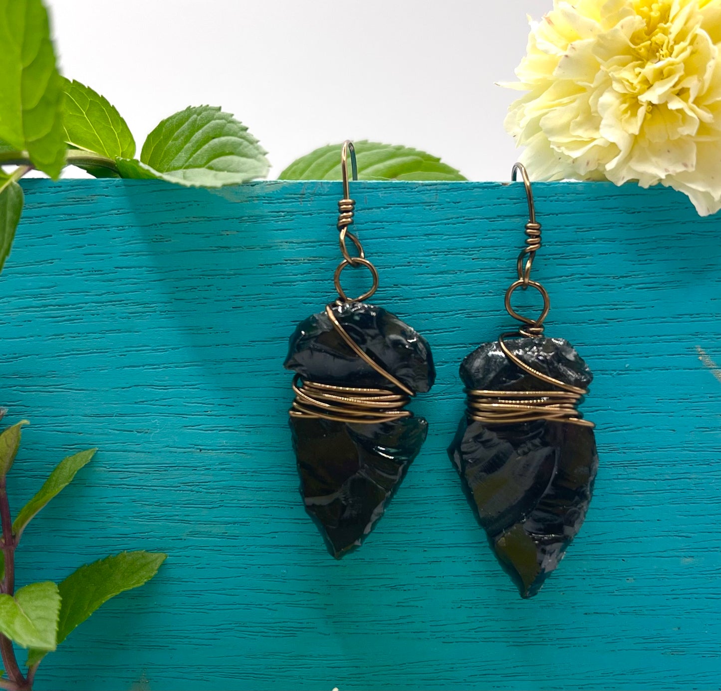 Blossom Designs Wire Wrapped Obsidian Arrowhead Earring