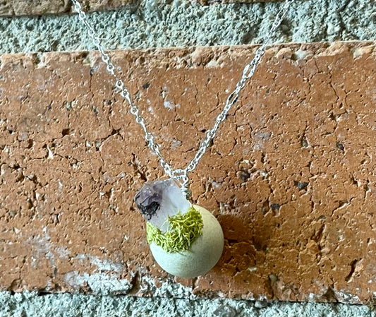 Blossom Designs Concrete, Preserved Moss, and Amethyst Necklace