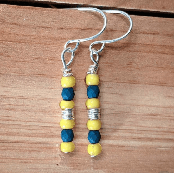 Blossom Designs Blue and Yellow Glass Bead Dangle Earrings